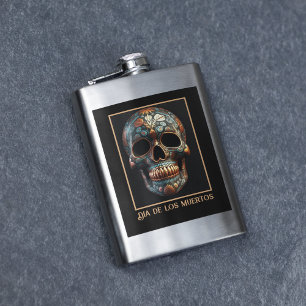Petaca Calavera personalizada turquesa dorada del Día de