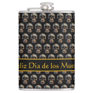 Petaca Calavera personalizada turquesa dorada del Día de