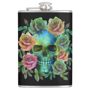 PETACA CALAVERA VERDE DE LA MUERTE CON FLORES
