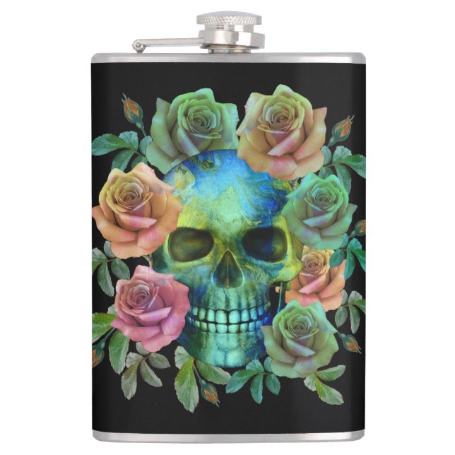 PETACA CALAVERA VERDE DE LA MUERTE CON FLORES (Anverso)