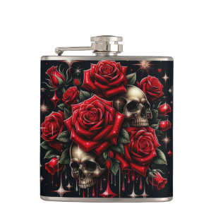 Petaca Calaveras doradas y rosas rojas brillan con glamou