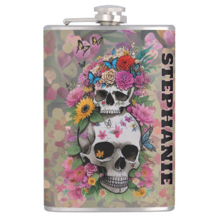 Petaca Calaveras Florales Estampado de Leopardo Nombre Pe