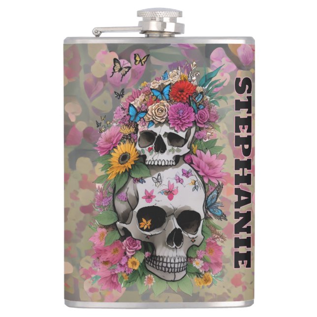 Petaca Calaveras Florales Estampado de Leopardo Nombre Pe (Anverso)
