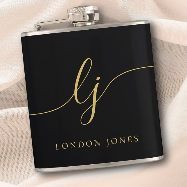 Petaca Caligrafía personalizada Bachelorette de oro negro (Subido por el creador)