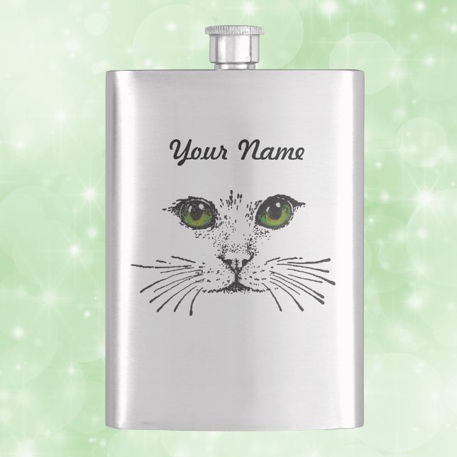 Petaca Cara de Gato Ojos Verdes Bigotes (Illustration in black of cat face long whiskers green eyes on a drinking flask.)