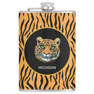 Petaca Cara de Tigre Salvaje Naranja sobre Patrón de Piel