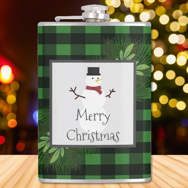 Petaca Carne de copo de búfalo verde de nieve (Green Snowman Buffalo Plaid Flask)