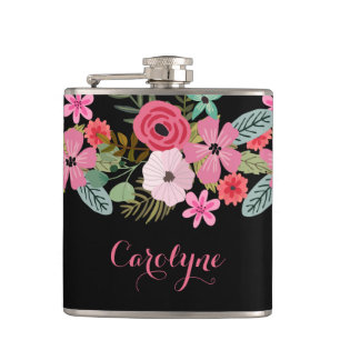 Petaca Carne personalizada de color rosa negro floral Aña