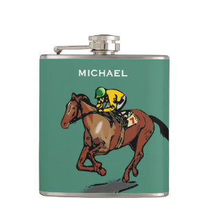 Petaca Carreras de caballos y jockey sobre hierba verde p
