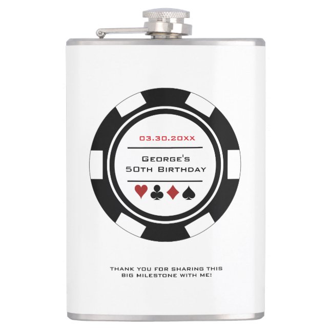 Petaca Casino Chip Black and White Birday Flask (Anverso)