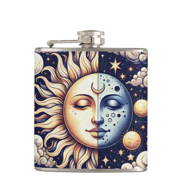 Petaca Celestial Half Sun & Moon Azul Amarillo Vintage (Anverso)