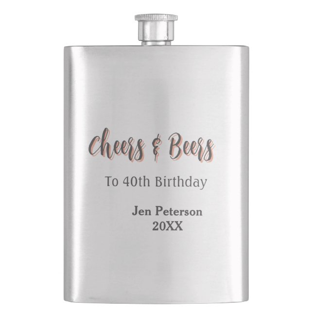 Petaca Cheers & beers to 40th birthday gray name year sin (Anverso)