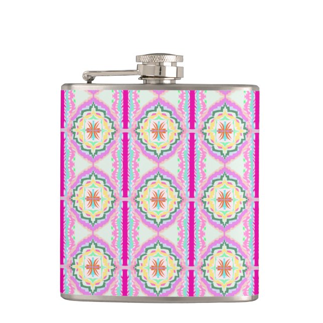 Petaca Chic Rosa y Dorado Patrón Floral Geométrico (Anverso)