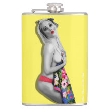 Chica retro Pinup Hip Flask Miss Cherrie Yellow