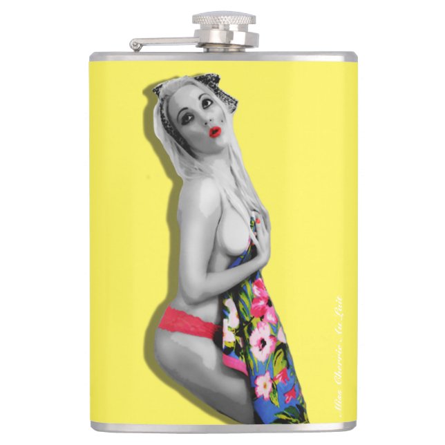 Petaca Chica retro Pinup Hip Flask Miss Cherrie Yellow (Anverso)