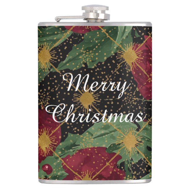 Petaca Christmas Flowers Pattern,Gold Red Green Black  (Anverso)