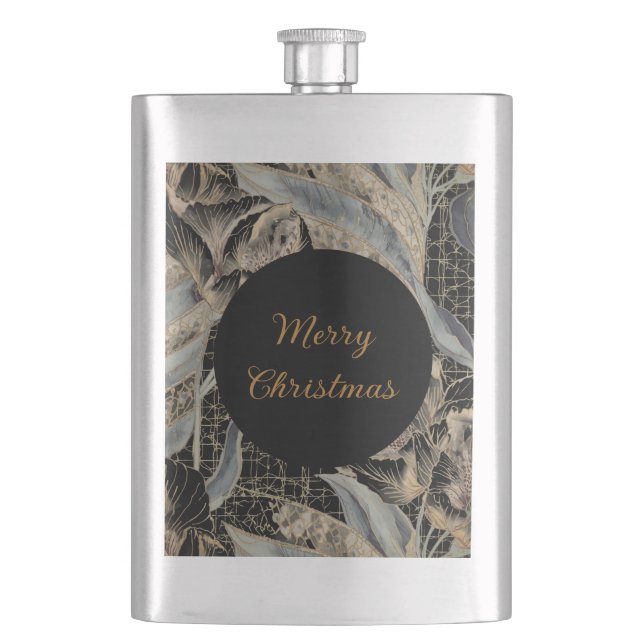 Petaca Christmas, Merry Christmas,Gold Blue Flowers Art  (Anverso)