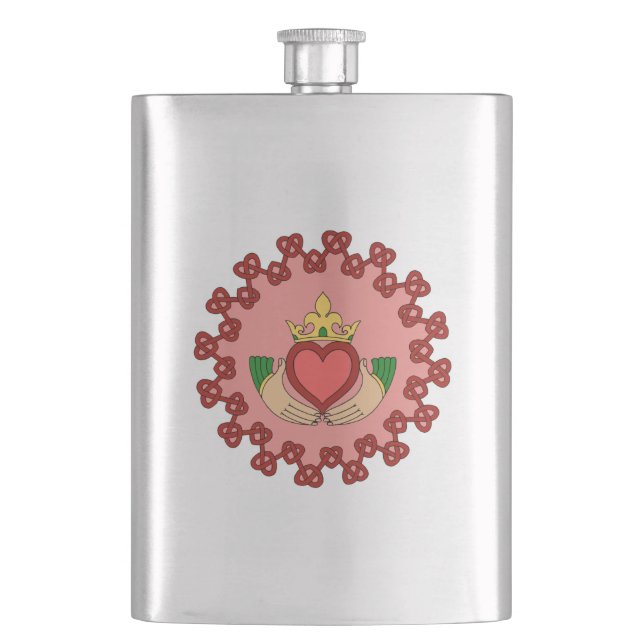 Petaca Claddagh y Knotwork rojo en rosa (Anverso)