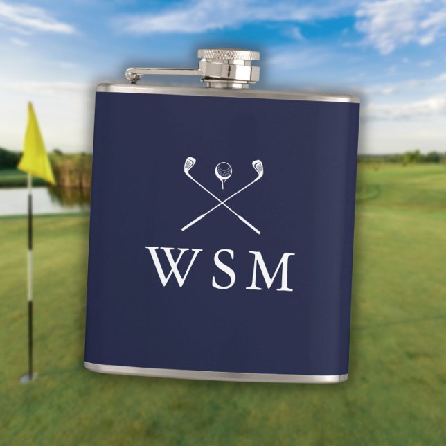 Petaca Club de golf Monograma personalizado Azul marino (Personalized Monogram Golf Clubs Navy Blue Flask)