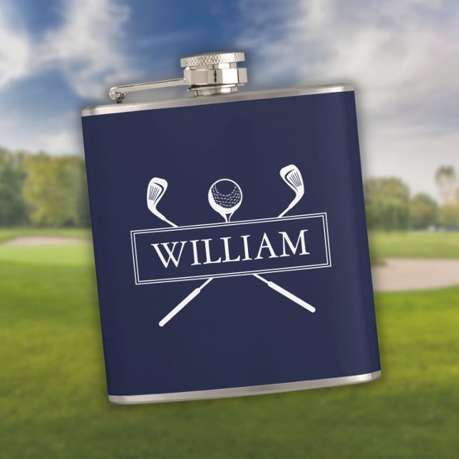Petaca Clubes de nombres personalizados y bolas azul de l (Navy Blue Personalized Name Clubs And Ball Flask)
