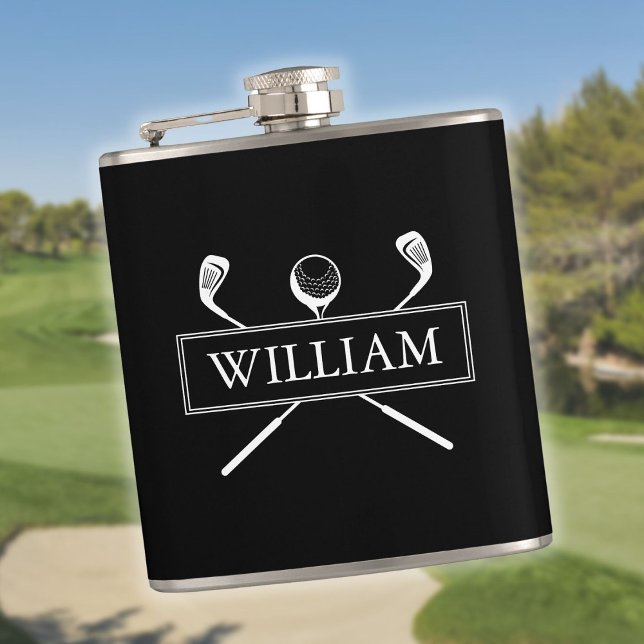 Petaca Clubes De Nombres Y Balas Personalizados En Blanco (Black And White Personalized Name Clubs And Ball Flask)