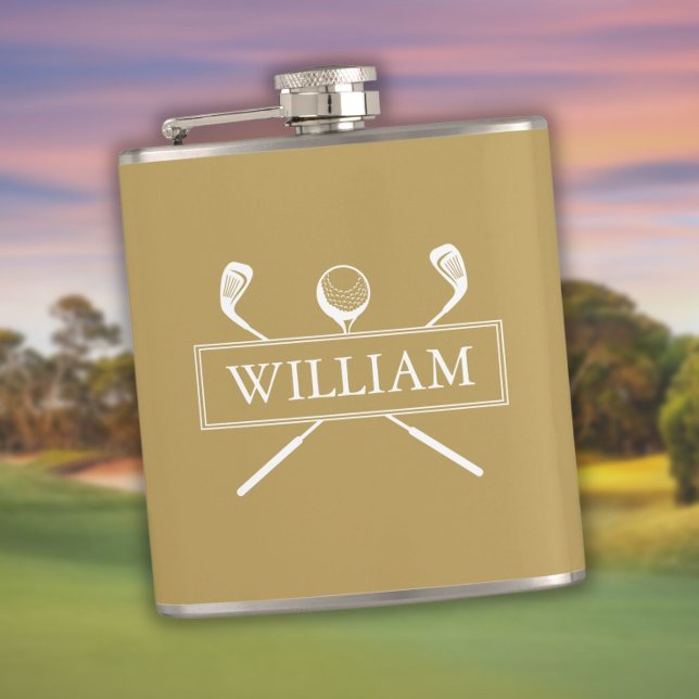 Petaca Clubes De Nombres Y Bolas Personalizados De Oro Y  (Gold And White Personalized Name Clubs And Ball Flask)
