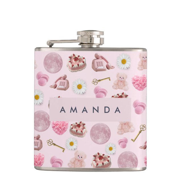 Petaca Cojinete Rosa Monograma Personalizado Femenino Lun (Anverso)