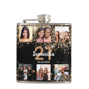 Petaca Collage de fotos de cumpleaños nombre de purpurina