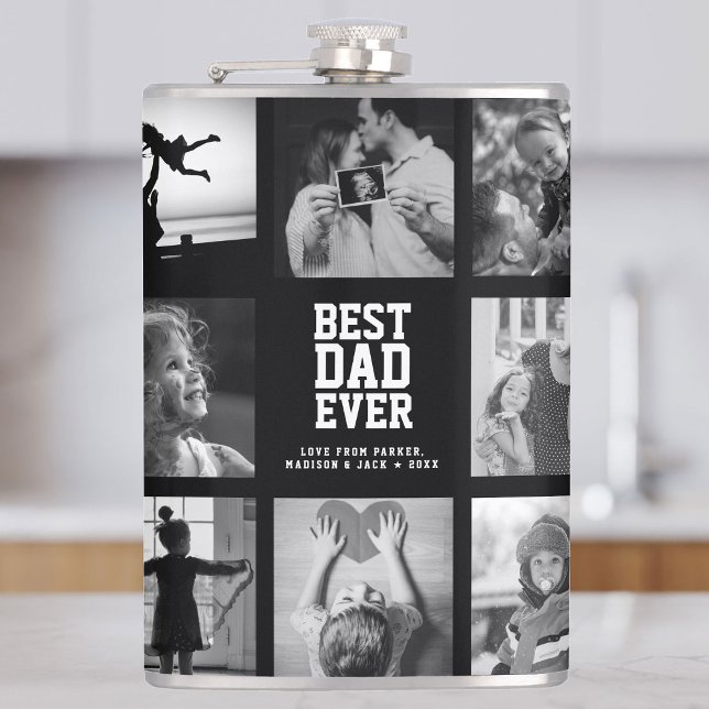 Petaca Collage de fotos único de Guay moderno y mejor PAP (Collage of heartwarming black and white family photos on a flask with bold text "Best Dad Ever".)