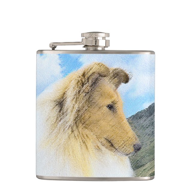 Petaca Collie in Mountains (Rough) Pintura - Perro Art (Anverso)