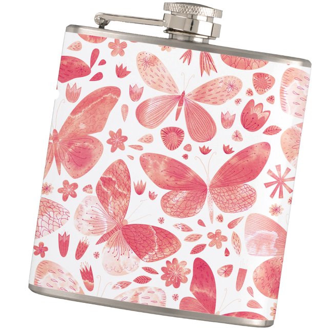 Petaca Color de agua de mariposa rosa (Peach coral pink and white watercolor butterfly pattern hip flask)