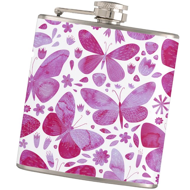 Petaca Color de agua de mariposa rosa (Magenta hot pink and white watercolor butterfly art hip flask)