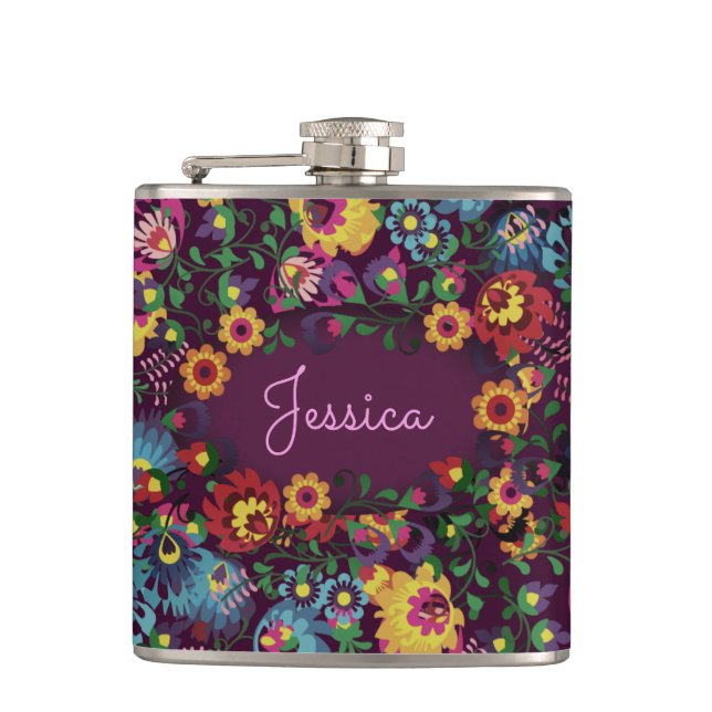 Petaca Colorful Busy Floral Pattern Purple Personalised (Anverso)
