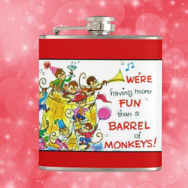 Petaca Colorido Divertido Barril de Monos Antiguos (Barrel of party monkeys on Having More Fun Than Barrel of Monkeys red white drinking flask.)