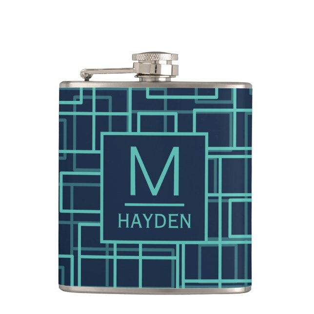 Petaca Cool Blue Geometric Grid Pattern Monogrammed Flask (Anverso)