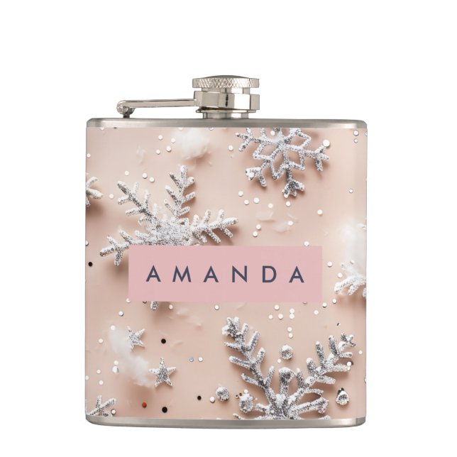 Petaca Copo de Nieve Personalizado con Brillo de Plata (Anverso)