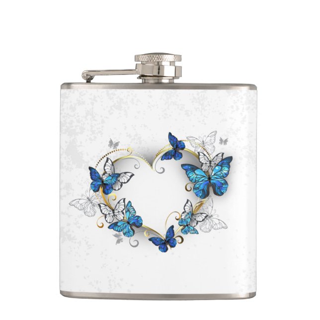 Petaca Corazón de joyas con mariposas Morfo (Anverso)