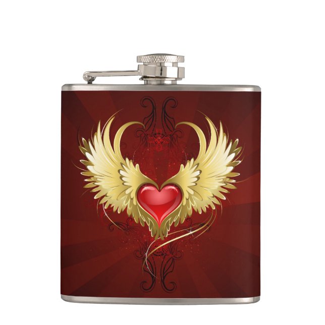 Petaca Corazón Rojo con Alas Doradas (Anverso)