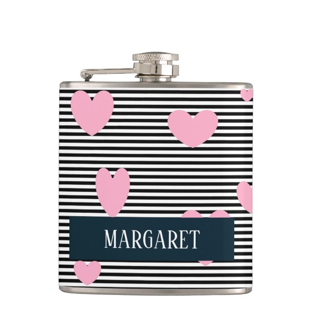 Petaca Corazones y rayas rosadas personalizadas (Anverso)