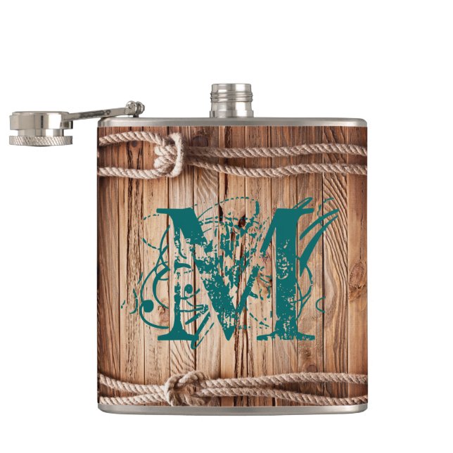 Petaca Country Rústico Wood Rope Monograma Whiskey Flask (Abierto)