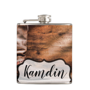 Petaca Cowboy Flask Personalizado Boots Barn Wood Rustic 