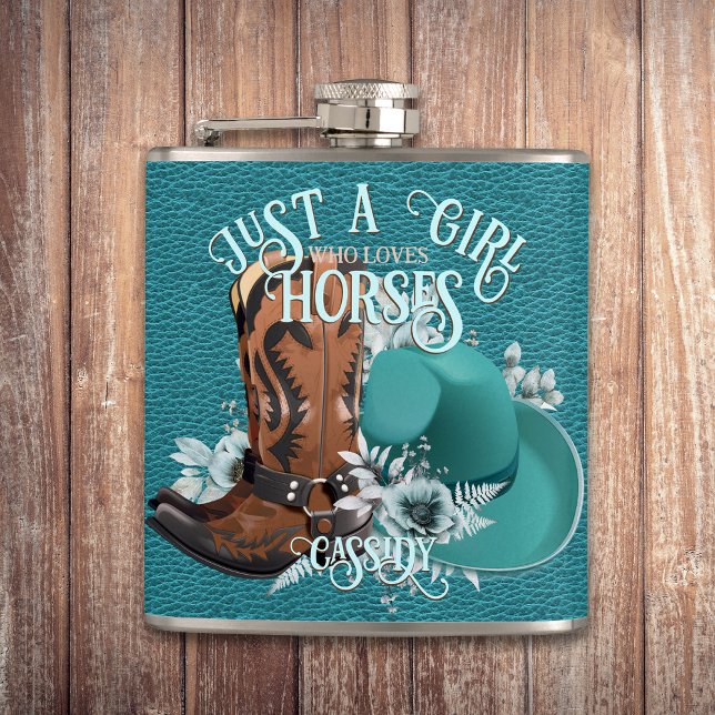 Petaca Cowgirl cita botas de vaquero de cuero turquesa go (Cowgirl quote turquoise leather cowboy boots hat flask)