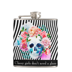 Petaca Cráneo floral de la acuarela con las rayas