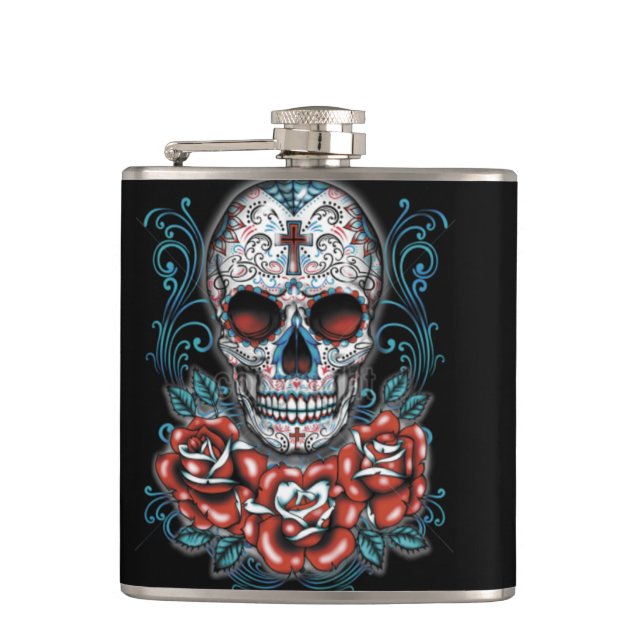 Petaca Cráneo y frasco envuelto vinilo de los rosas (Anverso)