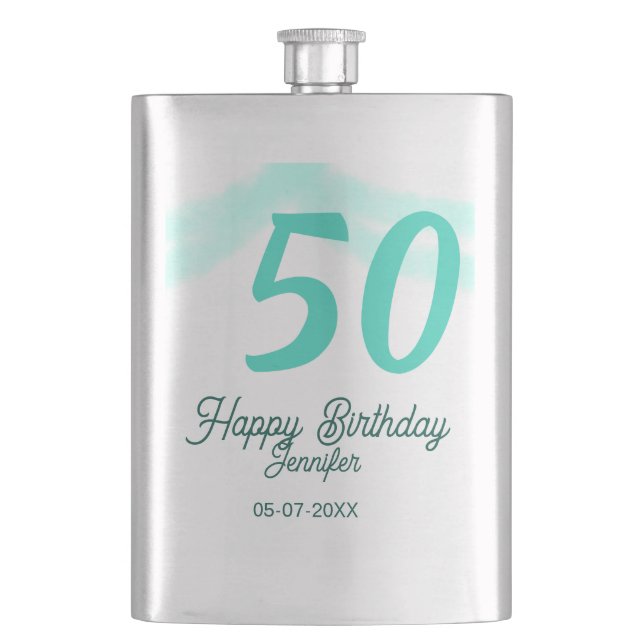 Petaca cumpleaños 50 añadir nombre fecha año verde pastel (Anverso)
