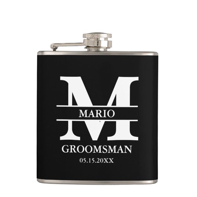 Petaca Custom Groomsman Best Man Wedding Monogram Black  (Anverso)