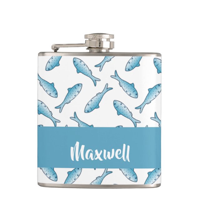 Petaca Custom name blue fish on white (Anverso)