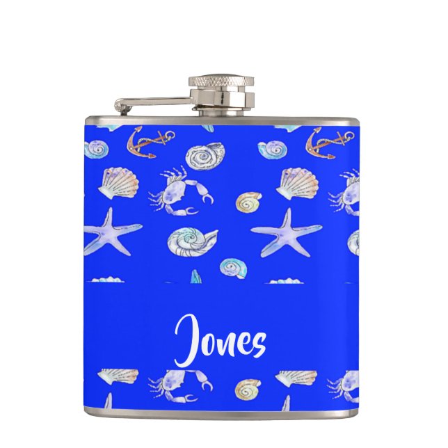 Petaca Custom name nautical print on blue (Anverso)