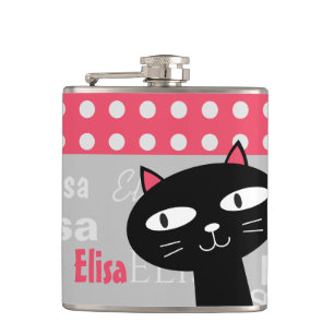 Petaca Cute gato negro rosado puntos de polka agregar tu
