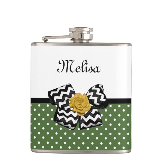 Petaca Cute Green Dots Yellow Rose Chevron Bow and Name (Anverso)